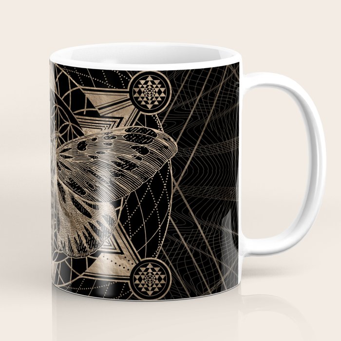 Regal Moth In Sacred Geometry - Black And Gold Coffee Mug