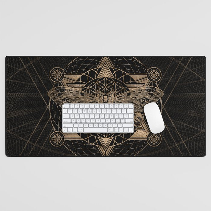 Regal Moth In Sacred Geometry - Black And Gold Desk Mat