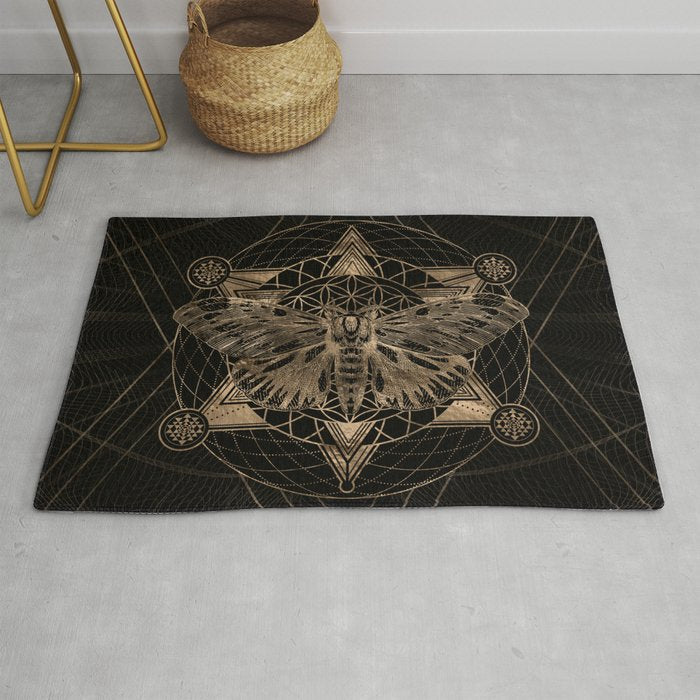 Regal Moth In Sacred Geometry - Black And Gold Rug