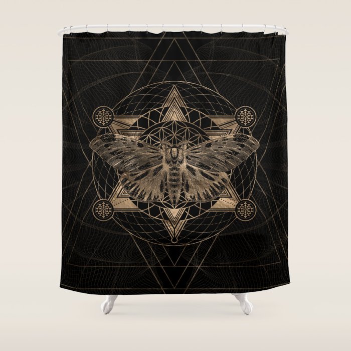 Regal Moth In Sacred Geometry - Black And Gold Shower Curtain