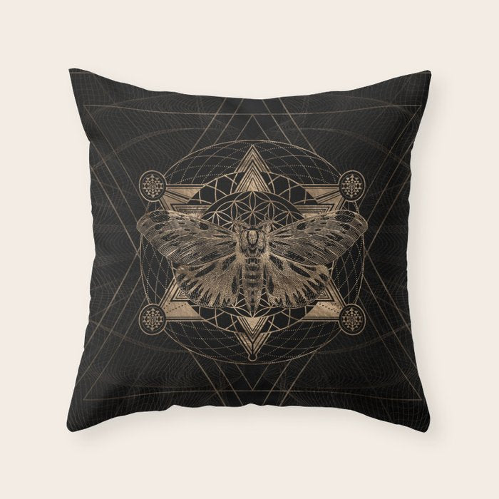 Regal Moth In Sacred Geometry - Black And Gold Throw Pillow