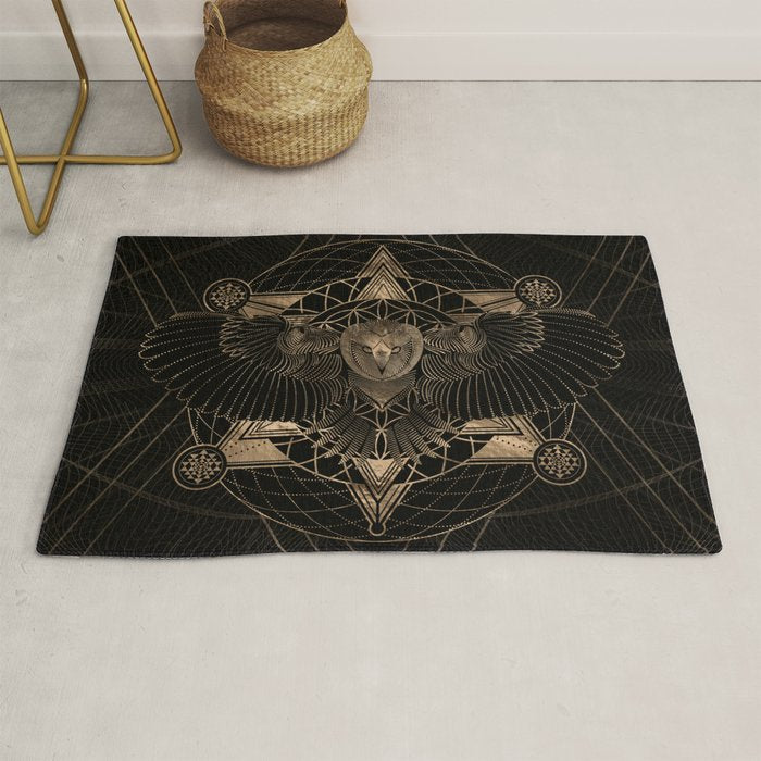 Owl In Sacred Geometry Composition - Black And Gold Rug
