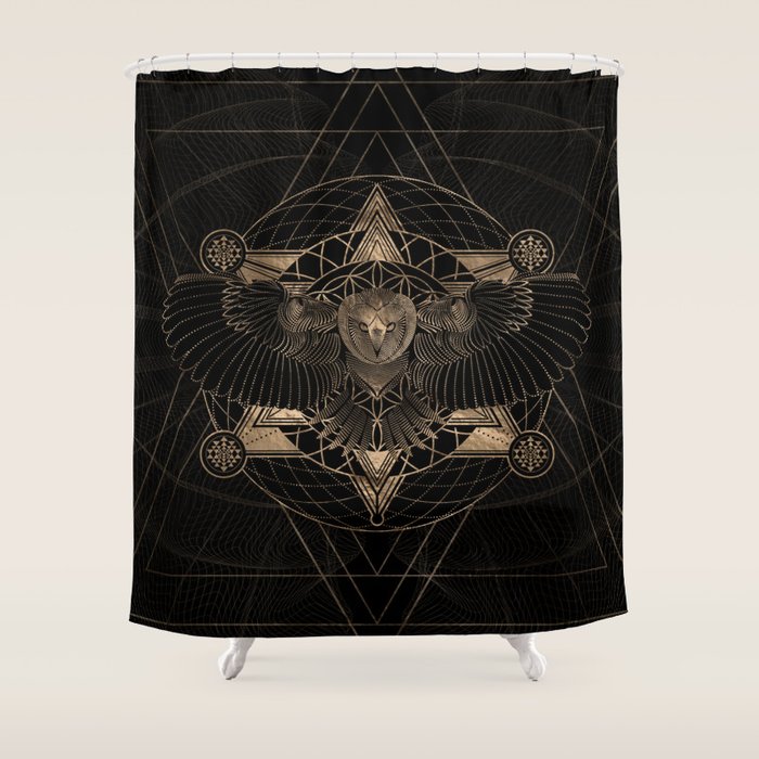 Owl In Sacred Geometry Composition - Black And Gold Shower Curtain