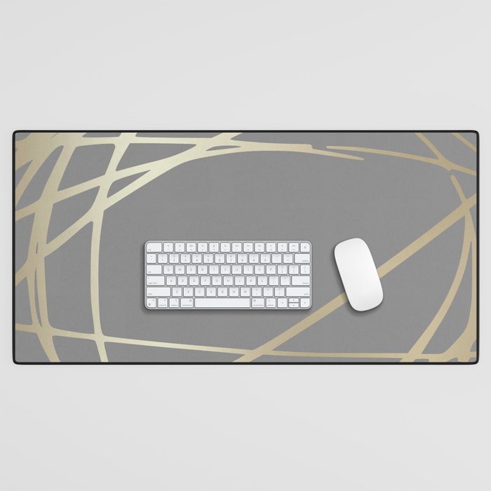 Gold And Gray Circles And Swirls Striped Abstract Pattern Desk Mat