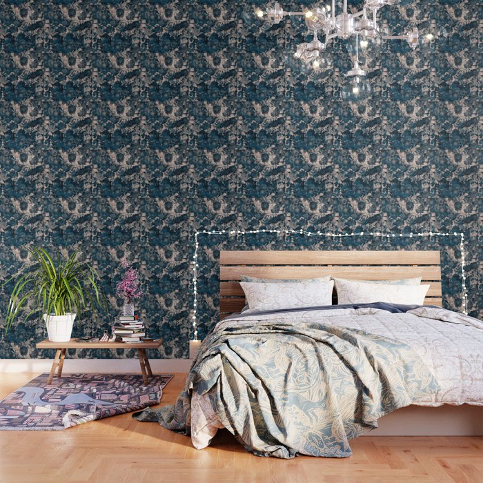 Rustic Modern Navy Blue White Gradient Floral Wallpaper