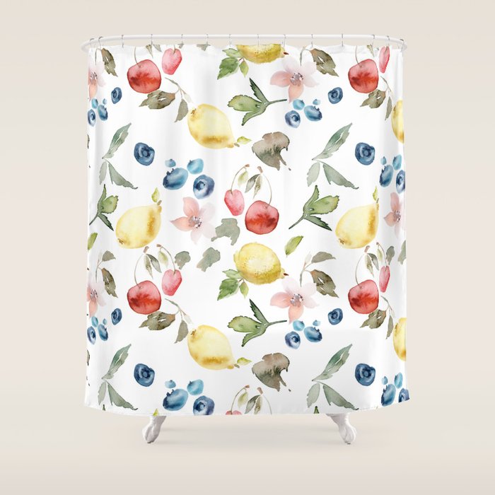 Lemon Berries And Cherries Watercolor Pattern Shower Curtain