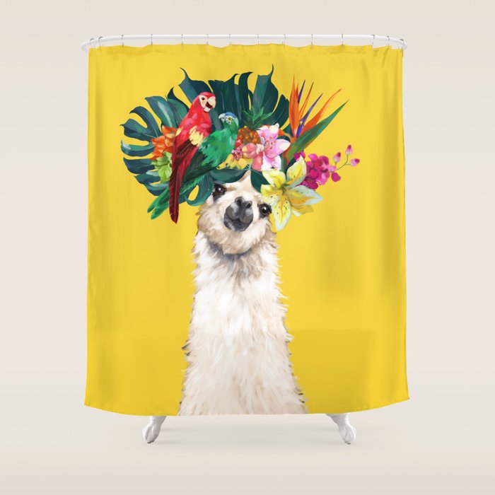 Aloha Hawaiian Llama In Yellow Shower Curtain