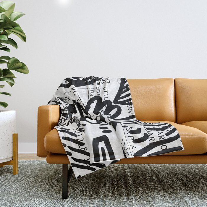 Creatures Graffiti Black And White On French Train Ticket Throw Blanket