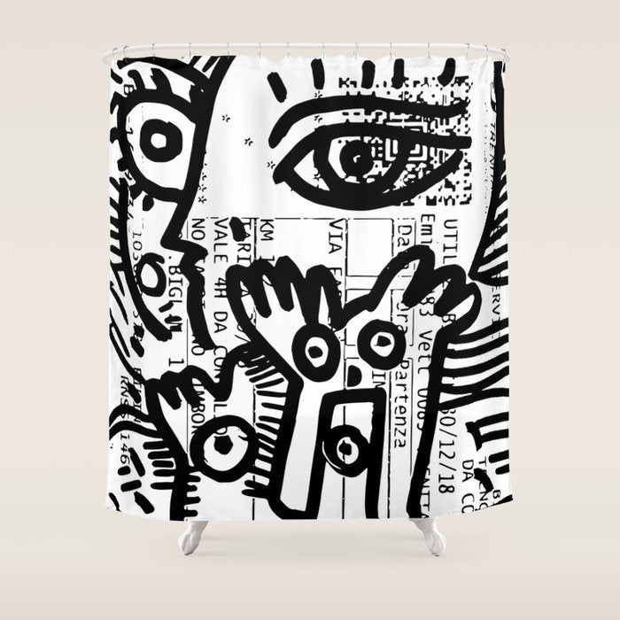 Creatures Graffiti Black And White On French Train Ticket Shower Curtain