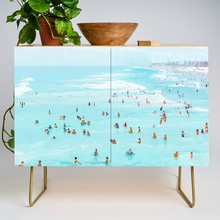 Hot Summer Day | Beachy Watercolor Painting | Ocean Sea Surf Swim | Vacation Travel Staycation Waves Credenza