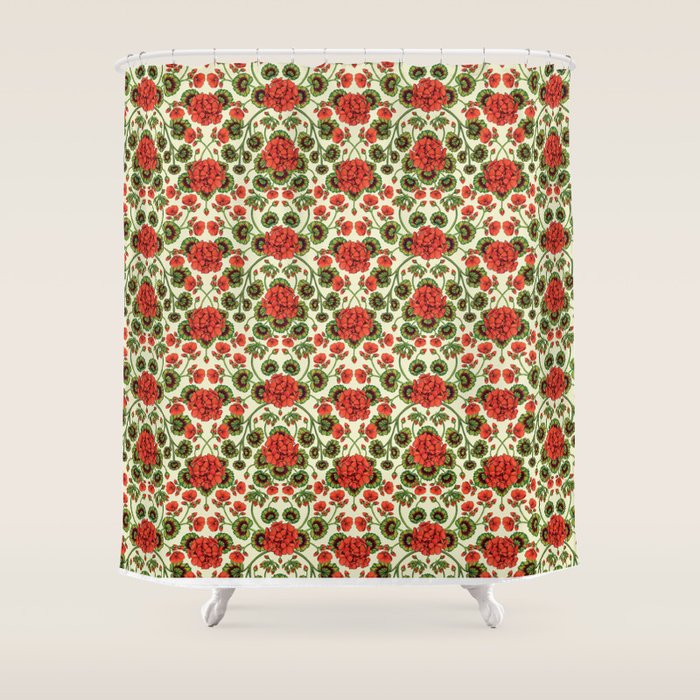 Red Geraniums -  Vintage-Inspired Floral Pattern For Spring Shower Curtain