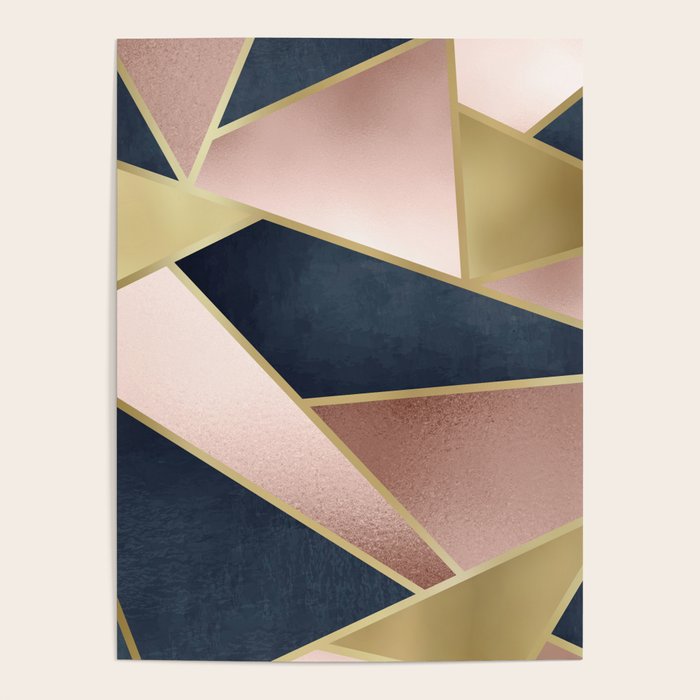 Geometric Art, Rose Gold, Pink And Navy Blue Modern  Poster