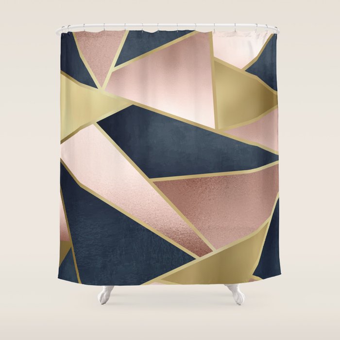 Geometric Art, Rose Gold, Pink And Navy Blue Modern  Shower Curtain