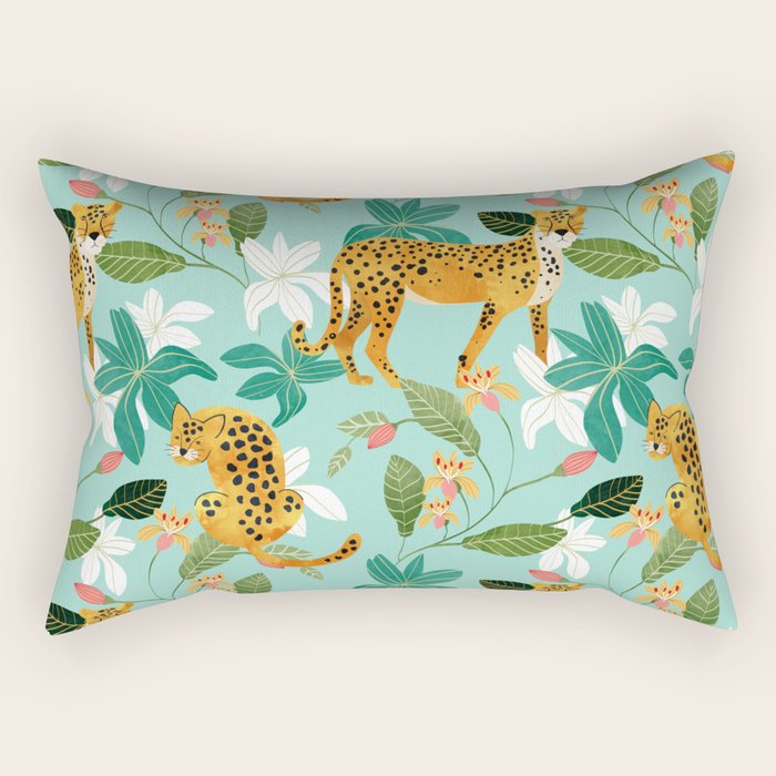 Cheetah Jungle, Wildlife Nature Wild Cats Tigers Leopard Botanical Animals Mint Quirky Illustration Rectangular Pillow