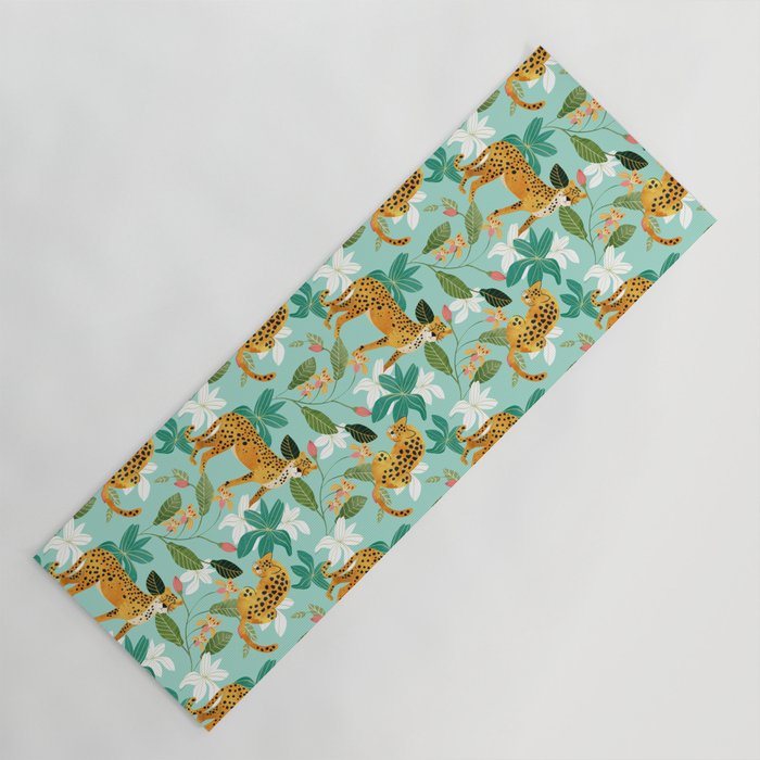 Cheetah Jungle, Wildlife Nature Wild Cats Tigers Leopard Botanical Animals Mint Quirky Illustration Yoga Mat