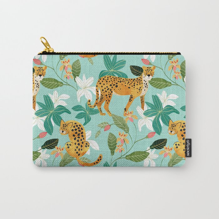 Cheetah Jungle, Wildlife Nature Wild Cats Tigers Leopard Botanical Animals Mint Quirky Illustration Carry All Pouch