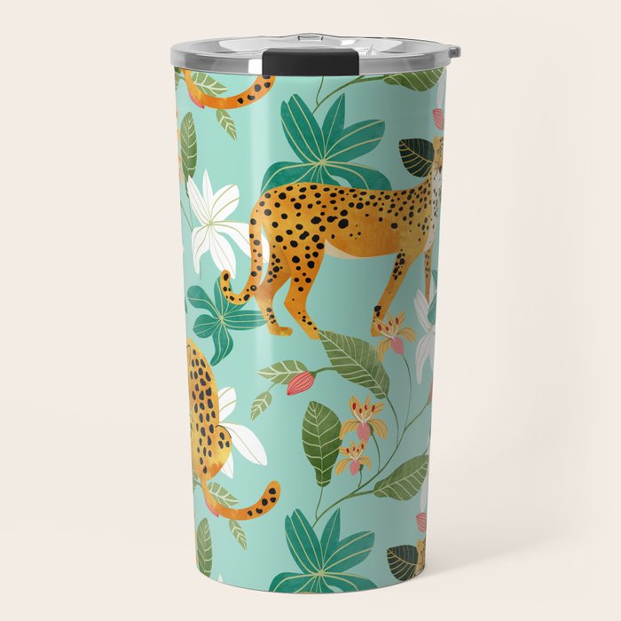 Cheetah Jungle, Wildlife Nature Wild Cats Tigers Leopard Botanical Animals Mint Quirky Illustration Travel Mug