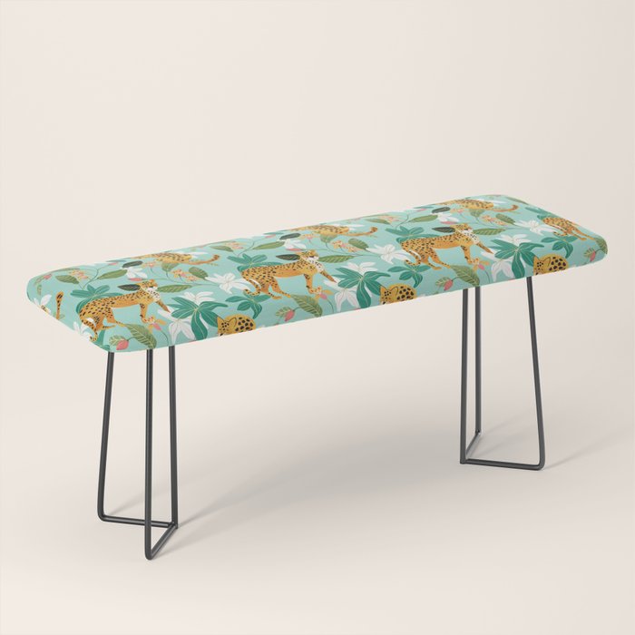 Cheetah Jungle, Wildlife Nature Wild Cats Tigers Leopard Botanical Animals Mint Quirky Illustration Bench