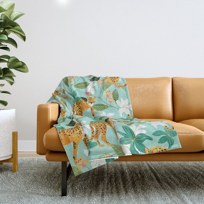 Cheetah Jungle, Wildlife Nature Wild Cats Tigers Leopard Botanical Animals Mint Quirky Illustration Throw Blanket