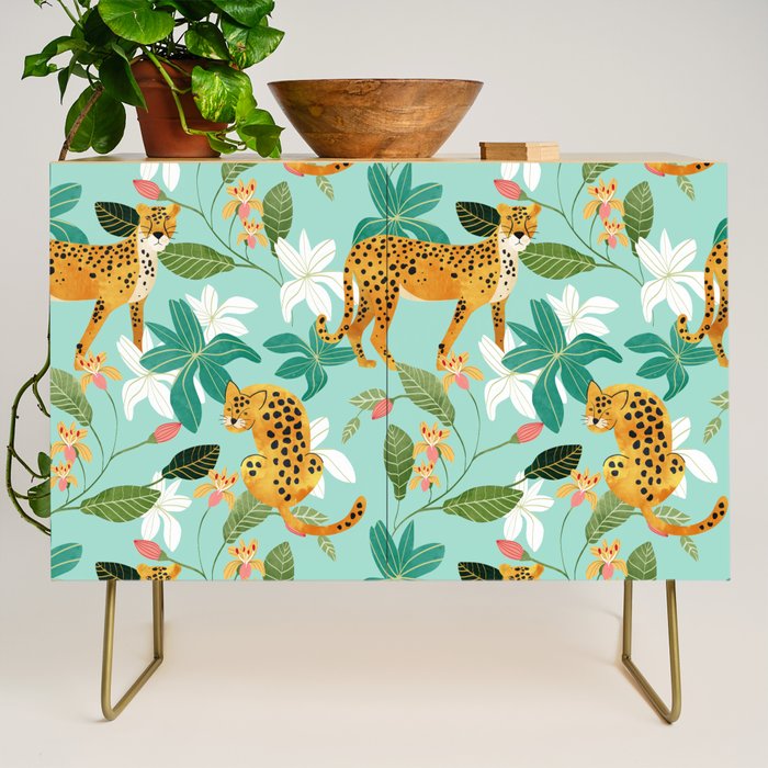 Cheetah Jungle, Wildlife Nature Wild Cats Tigers Leopard Botanical Animals Mint Quirky Illustration Credenza
