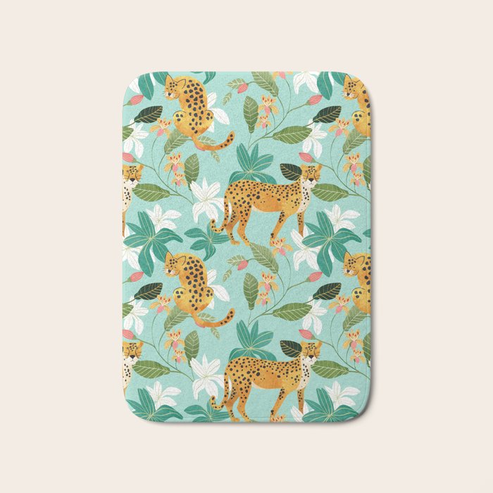 Cheetah Jungle, Wildlife Nature Wild Cats Tigers Leopard Botanical Animals Mint Quirky Illustration Bath Mat