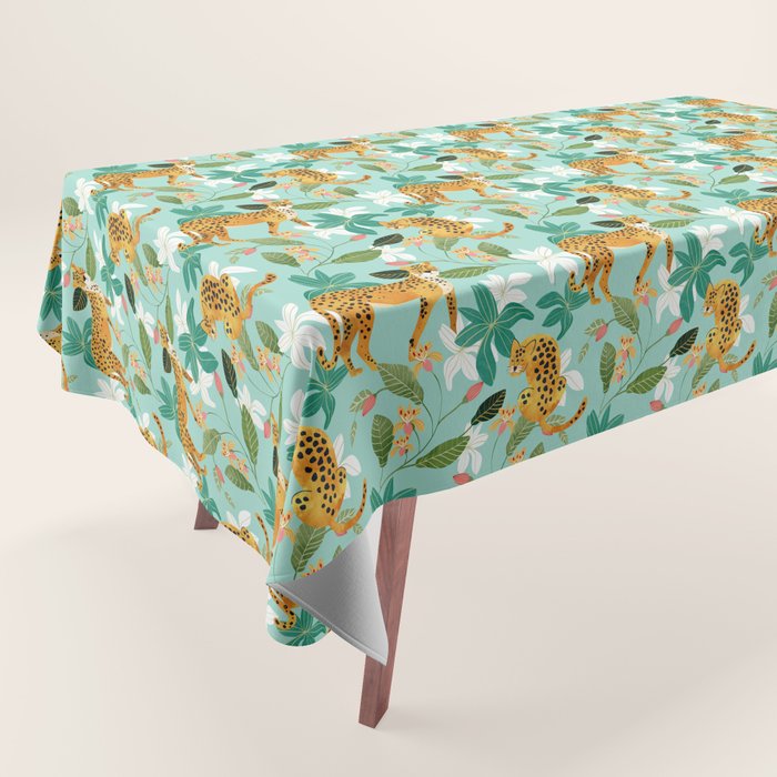 Cheetah Jungle, Wildlife Nature Wild Cats Tigers Leopard Botanical Animals Mint Quirky Illustration Tablecloth