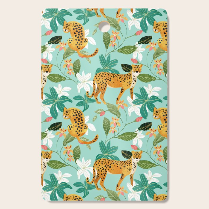 Cheetah Jungle, Wildlife Nature Wild Cats Tigers Leopard Botanical Animals Mint Quirky Illustration Cutting Board