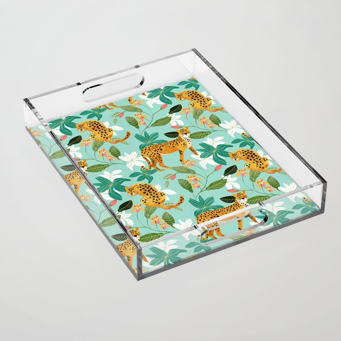 Cheetah Jungle, Wildlife Nature Wild Cats Tigers Leopard Botanical Animals Mint Quirky Illustration Acrylic Tray