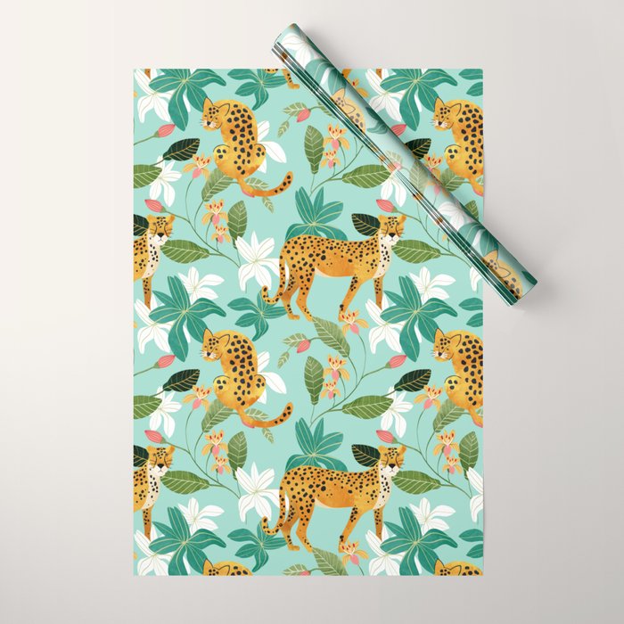 Cheetah Jungle, Wildlife Nature Wild Cats Tigers Leopard Botanical Animals Mint Quirky Illustration Wrapping Paper