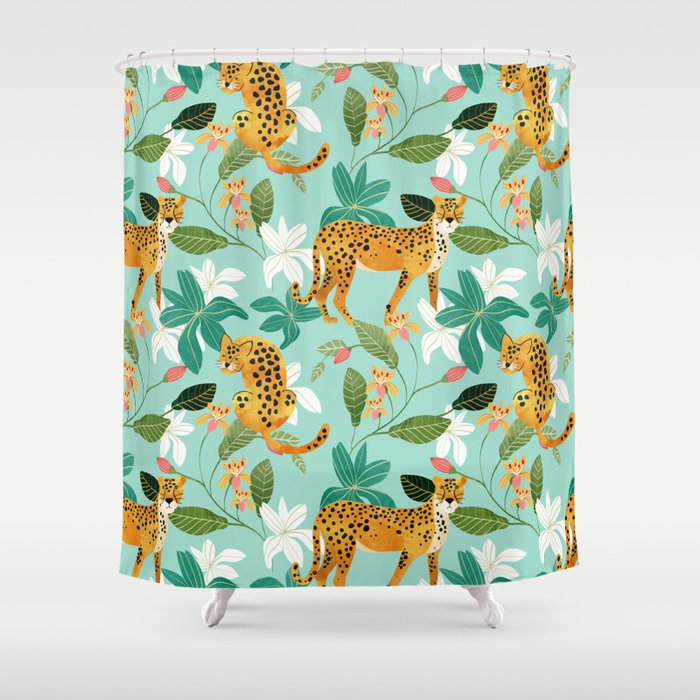 Cheetah Jungle, Wildlife Nature Wild Cats Tigers Leopard Botanical Animals Mint Quirky Illustration Shower Curtain