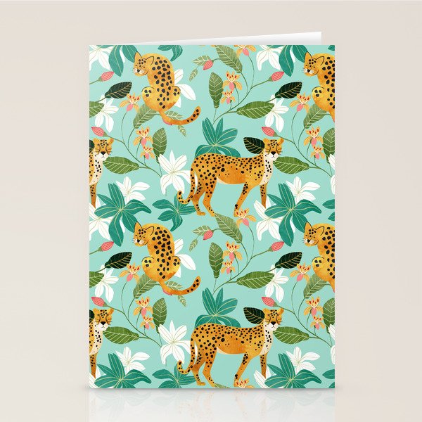 Cheetah Jungle, Wildlife Nature Wild Cats Tigers Leopard Botanical Animals Mint Quirky Illustration Stationery Card