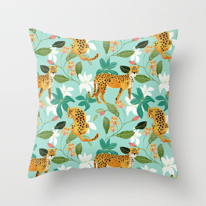 Cheetah Jungle, Wildlife Nature Wild Cats Tigers Leopard Botanical Animals Mint Quirky Illustration Throw Pillow