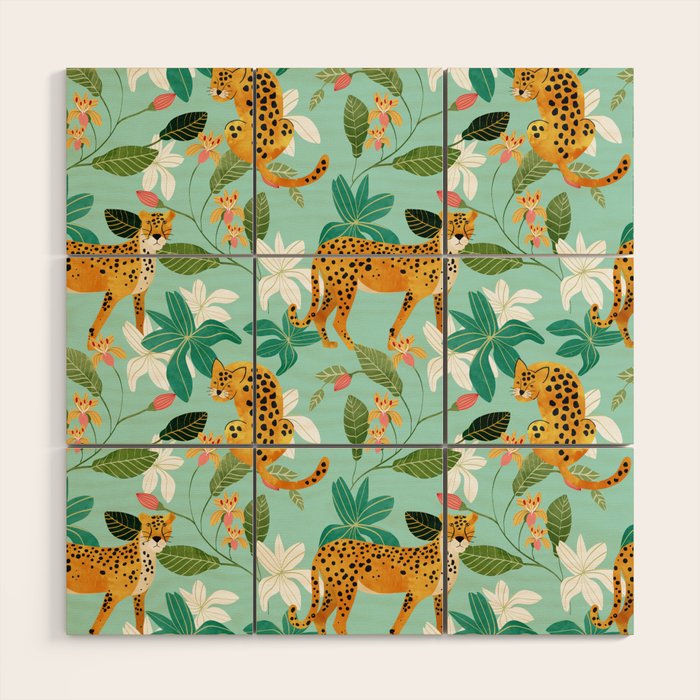 Cheetah Jungle, Wildlife Nature Wild Cats Tigers Leopard Botanical Animals Mint Quirky Illustration Wood Wall Art