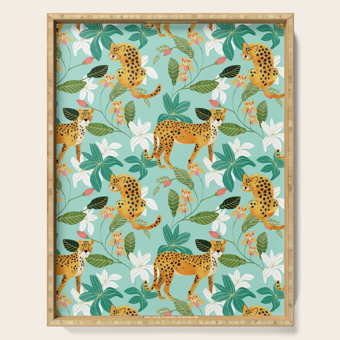 Cheetah Jungle, Wildlife Nature Wild Cats Tigers Leopard Botanical Animals Mint Quirky Illustration Serving Tray