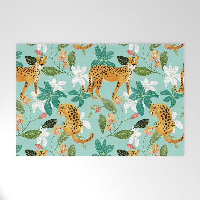 Cheetah Jungle, Wildlife Nature Wild Cats Tigers Leopard Botanical Animals Mint Quirky Illustration Welcome Mat