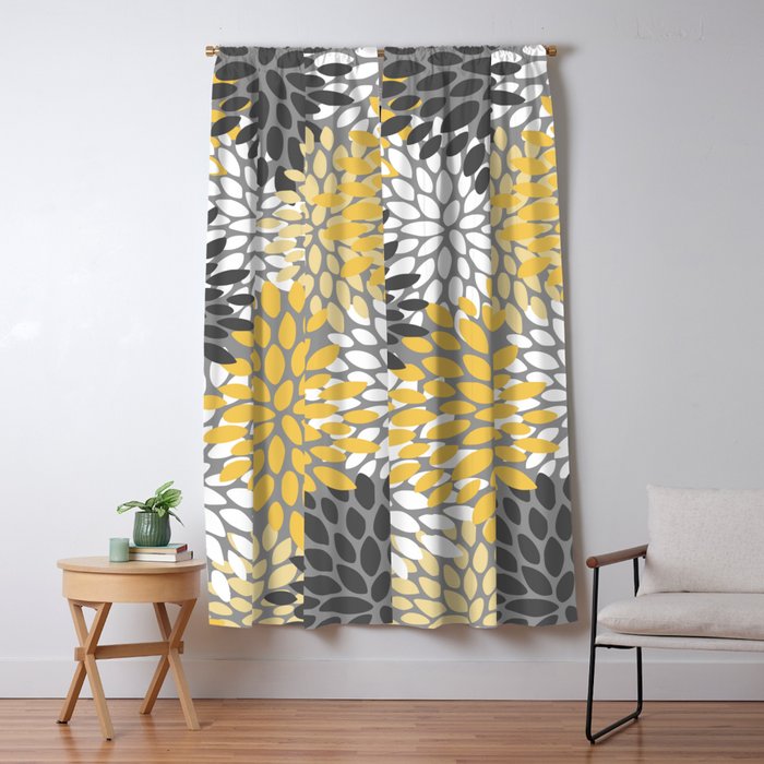 Modern Elegant Chic Floral Pattern, Soft Yellow, Gray, White Window Curtain