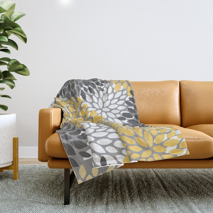 Modern Elegant Chic Floral Pattern, Soft Yellow, Gray, White Throw Blanket