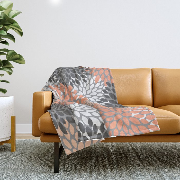 Floral Pattern, Coral, Gray, White Throw Blanket