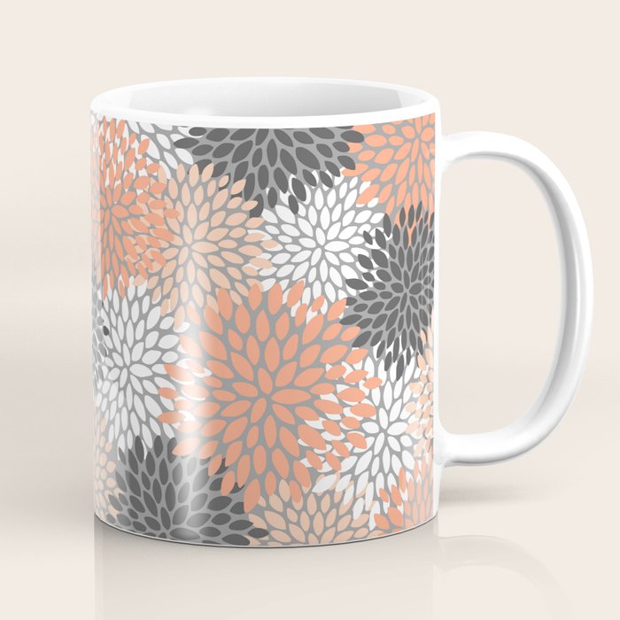 Floral Pattern, Coral, Gray, White Coffee Mug