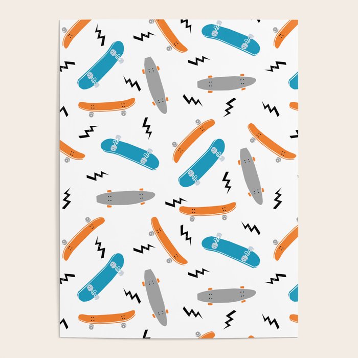 Skateboards Orange And Blue Pattern Great Decor For Nursery Kids Rooms Boys And Girls Poster