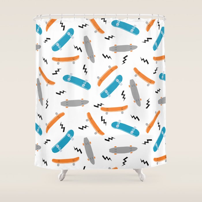 Skateboards Orange And Blue Pattern Great Decor For Nursery Kids Rooms Boys And Girls Shower Curtain