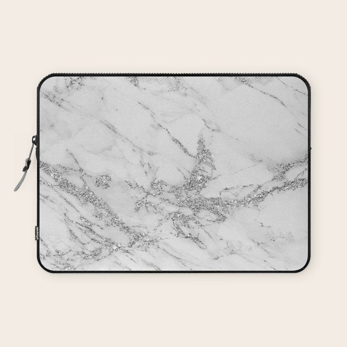 Elegant Chic White Gray Silver Glitter Marble Laptop Sleeve