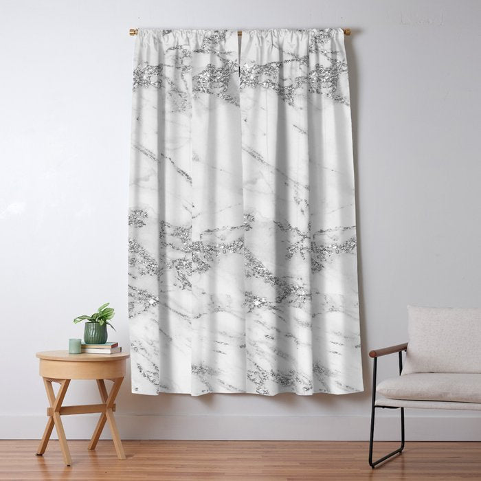 Elegant Chic White Gray Silver Glitter Marble Window Curtain