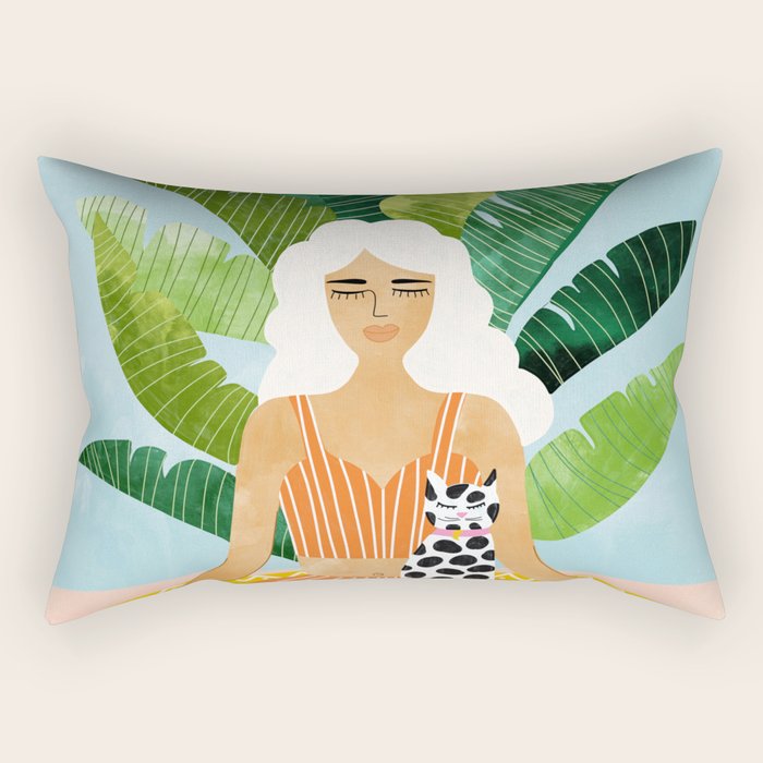 Meditation With Thy Cat Poster | Blonde Woman Of Color | Tropical Banana Leaves Quirky Pet Workout  Rectangular Pillow