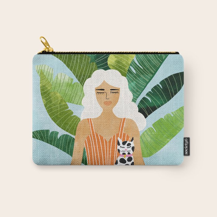 Meditation With Thy Cat Poster | Blonde Woman Of Color | Tropical Banana Leaves Quirky Pet Workout  Carry All Pouch