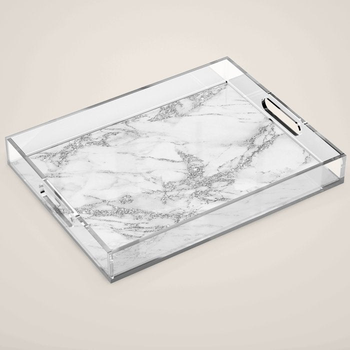 Elegant Chic White Gray Silver Glitter Marble Acrylic Tray