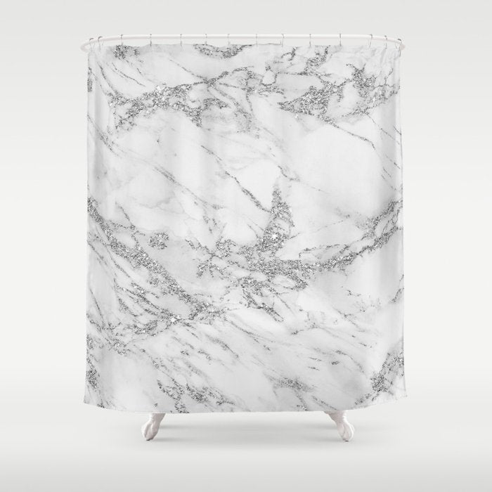 Elegant Chic White Gray Silver Glitter Marble Shower Curtain