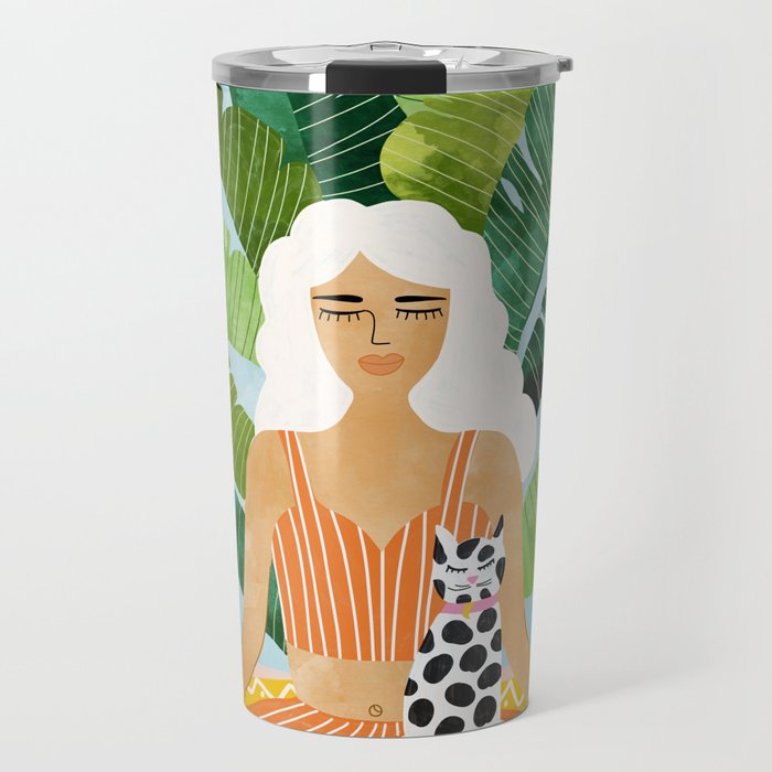 Meditation With Thy Cat Poster | Blonde Woman Of Color | Tropical Banana Leaves Quirky Pet Workout  Travel Mug
