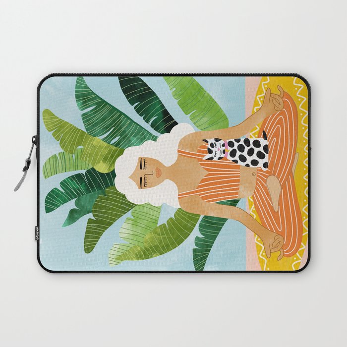 Meditation With Thy Cat Poster | Blonde Woman Of Color | Tropical Banana Leaves Quirky Pet Workout  Laptop Sleeve