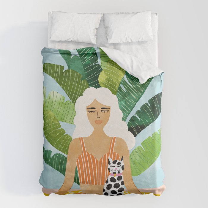 Meditation With Thy Cat Poster | Blonde Woman Of Color | Tropical Banana Leaves Quirky Pet Workout  Duvet Cover